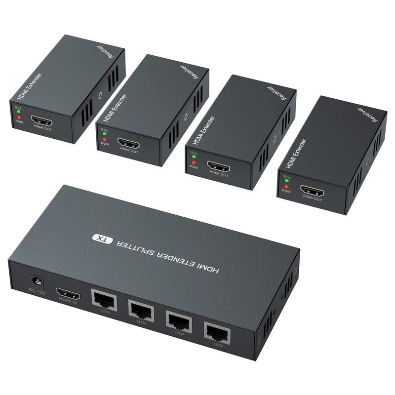 PWAYTEK HDMI Extender Splitter 1x4 1080P@60Hz Over Cat 5E/6/7 Ethernet Cable 50m (165ft) Support EDID Copy POC Function (1 in 4 Out) - Image 1